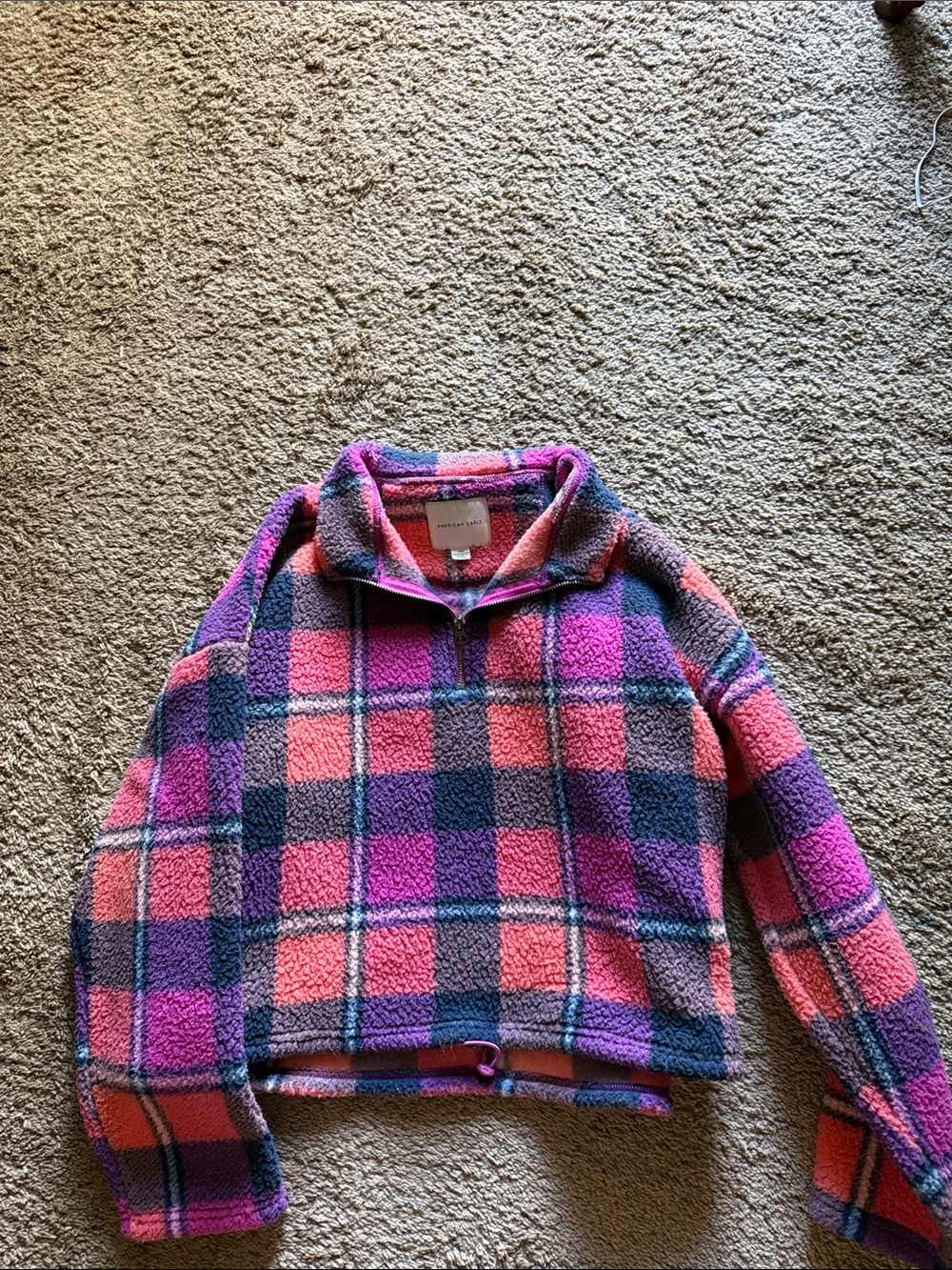 Women’s American eagle Pink & Purple Plaid Sherpa Jacket - Half Zip